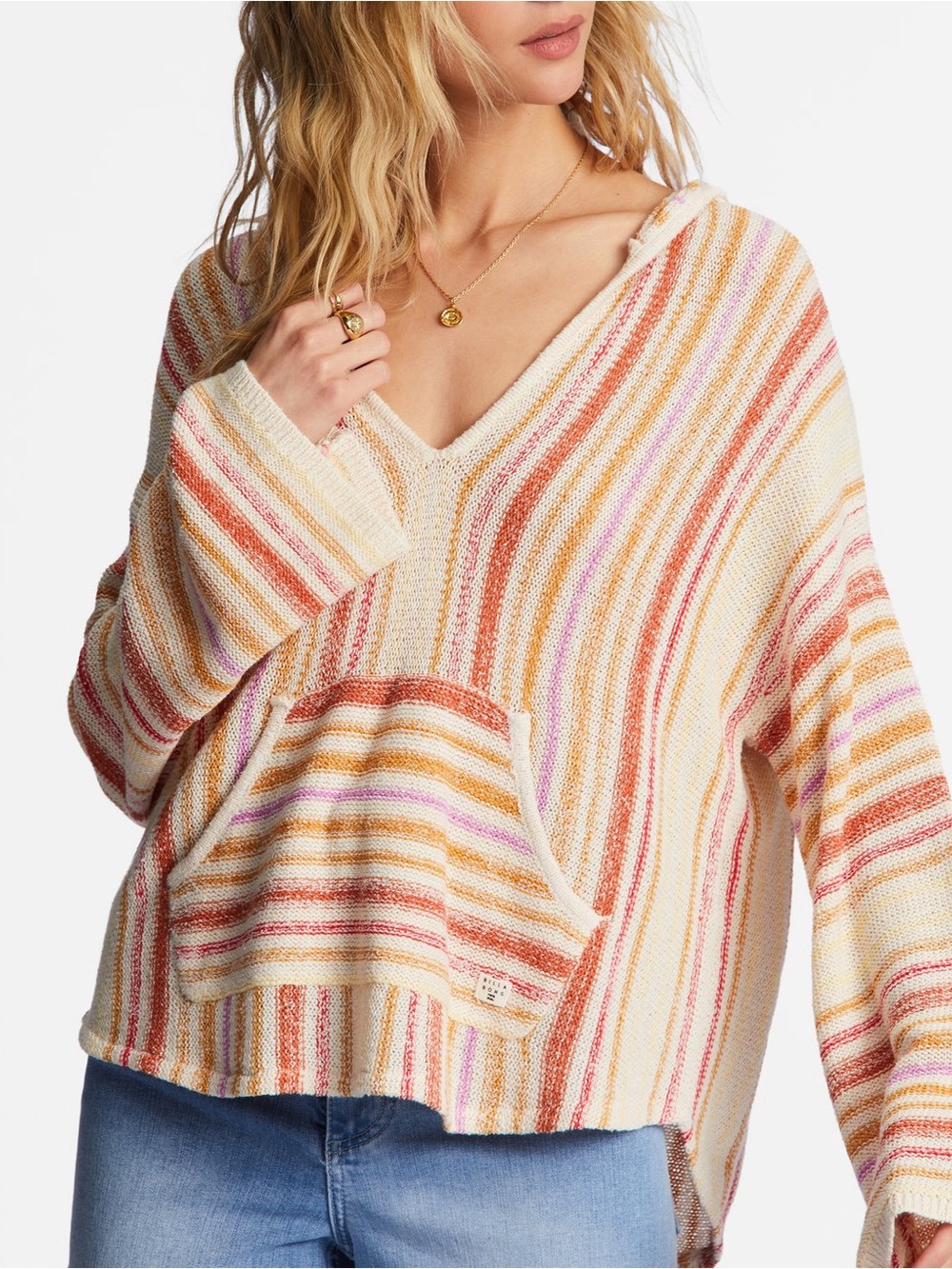Billabong Striped Baja Hooded Sweater in Cream, Rust, Pink, and Mustard sz S